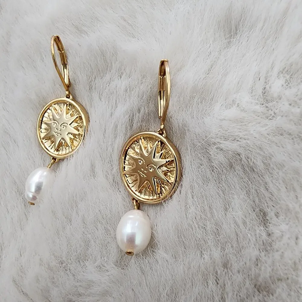 J. Crew Soleil Gold Sun Coin Pearl Drop Earrings Celestial Crystal Dangle NEW